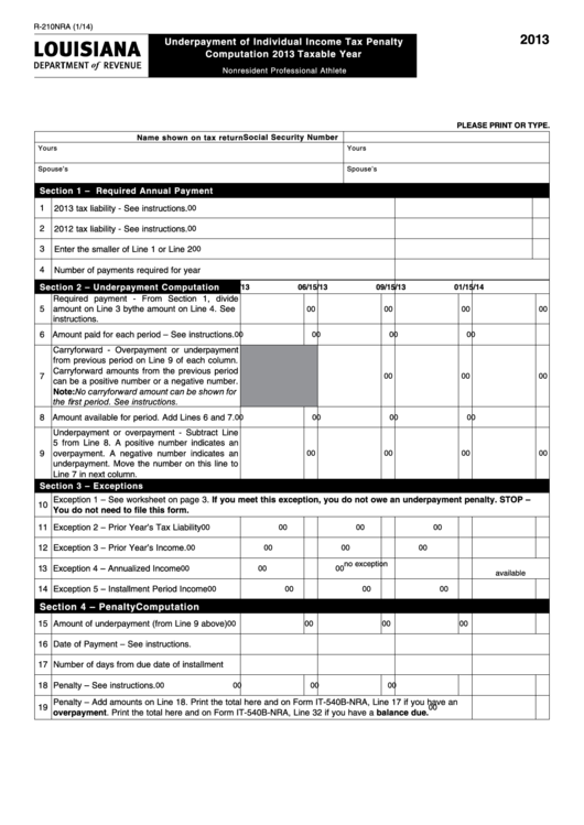 Fillable Form R-210nra - Underpayment Of Individual Income Tax Penalty Computation 2013 Taxable Year - Nonresident Professional Athlete Printable pdf