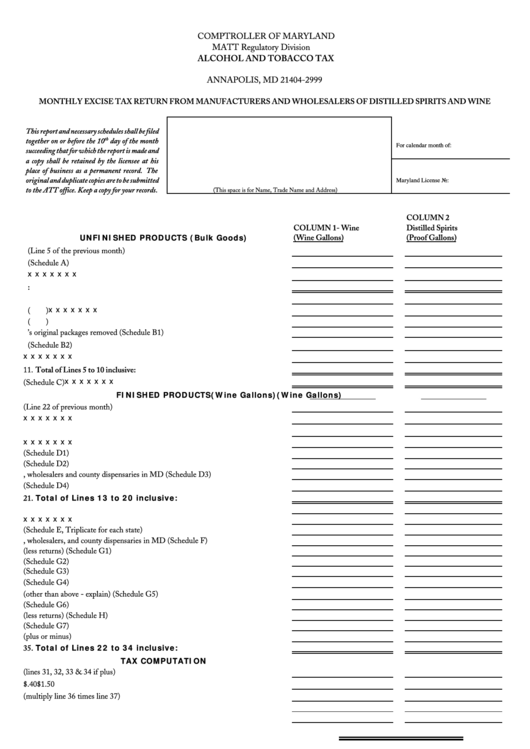 Fillable Form Com/att-034 - Monthly Excise Tax Return From Manufacturers And Wholesalers Of Distilled Spirits And Wine Printable pdf