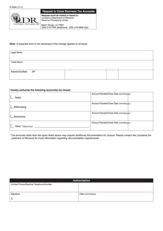 Fillable Form R-3406 - Request To Close Business Tax Accounts Printable pdf