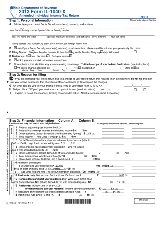 Fillable Form Il-1040-X - Amended Individual Income Tax Return - 2013 Printable pdf