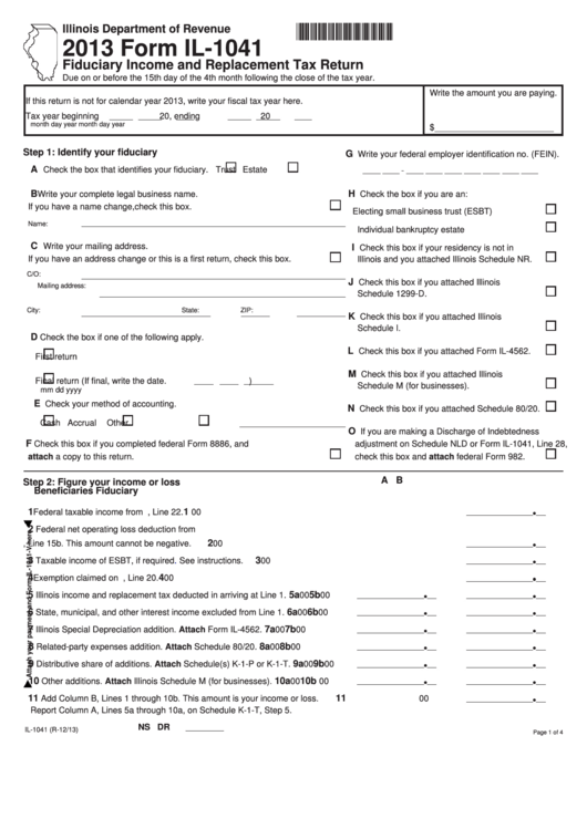 Fillable Form Il-1041 - Fiduciary Income And Replacement Tax Return - 2013 Printable pdf
