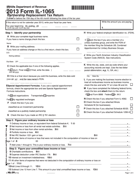 Fillable Form Il-1065 - Partnership Replacement Tax Return - 2013 Printable pdf