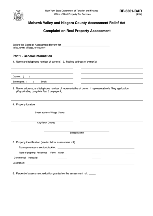 Fillable Form Rp-6361-Bar - Mohawk Valley And Niagara County Assessment Relief Act Printable pdf