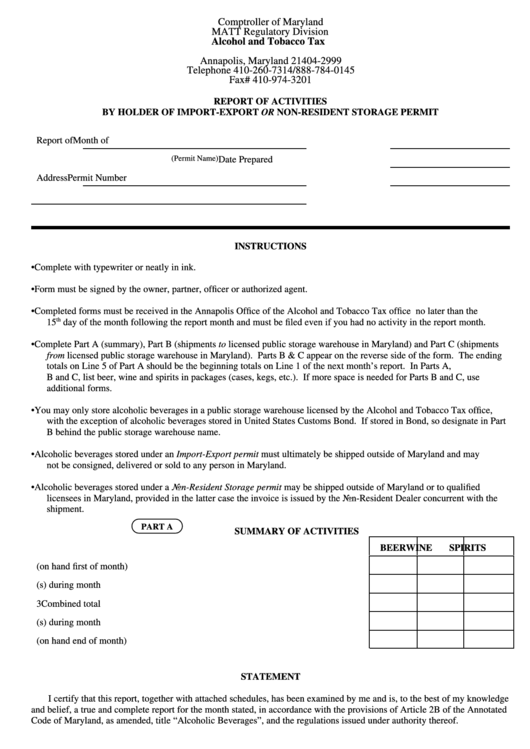 Fillable Form Com/att-028 - Report Of Activities By Holder Of Import-Export Or Non-Resident Storage Permit Printable pdf