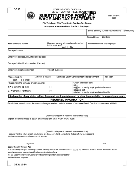 Form Sc4852 - South Carolina Substitute For Form W-2 Wage And Tax Statement Printable pdf