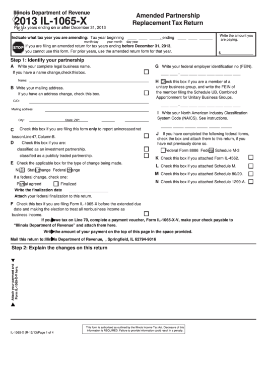 Fillable Form Il-1065-X - Amended Partnership Replacement Tax Return - 2013 Printable pdf