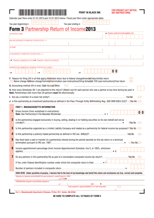 Fillable Form 3 - Partnership Return Of Income - 2013 Printable pdf