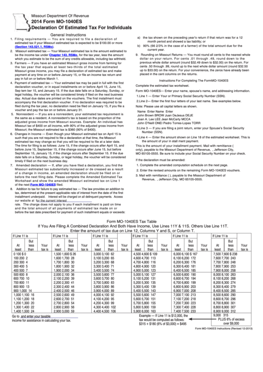 Fillable Form Mo-1040es - Missouri Declaration Of Estimated Tax For Individuals - 2014 Printable pdf