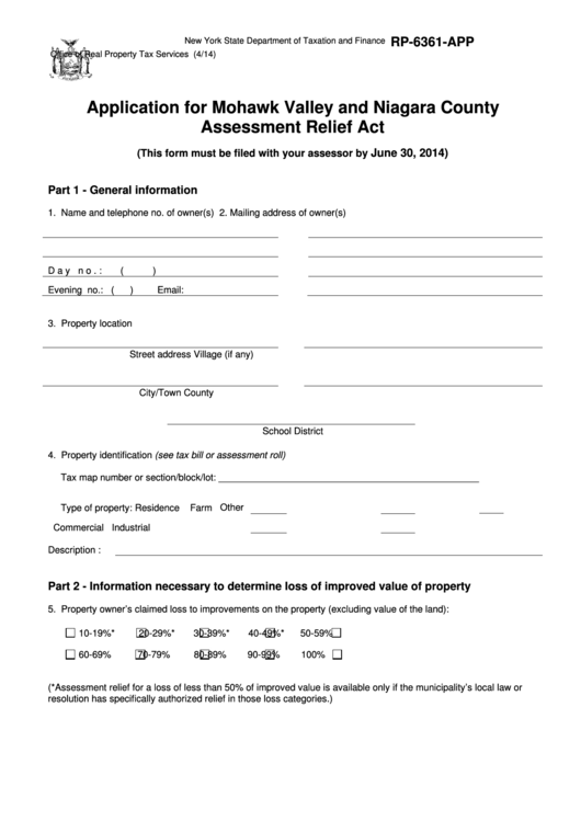 Fillable Form Rp-6361-App - Application For Mohawk Valley And Niagara County Assessment Relief Act Printable pdf