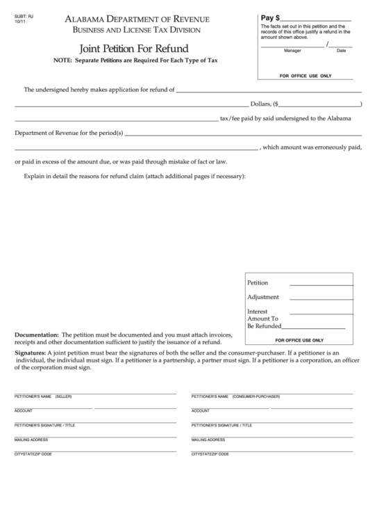 Fillable Joint Petition For Refund - Alabama Department Of Revenue Printable pdf