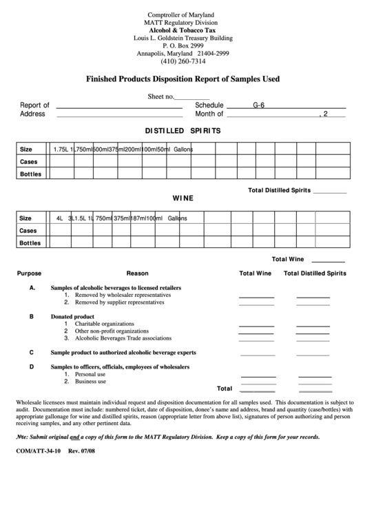 Fillable Form Com/att-34-10 - Finished Products Disposition Report Of Samples Used Printable pdf