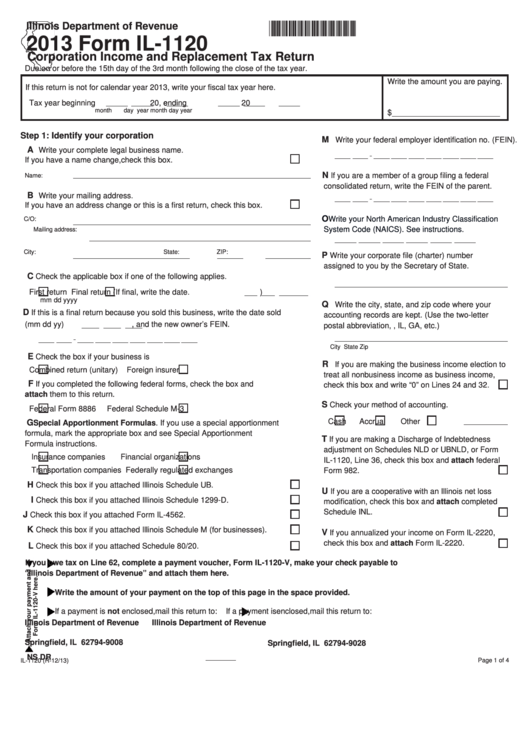 Fillable Form Il-1120 - Corporation Income And Replacement Tax Return - 2013 Printable pdf