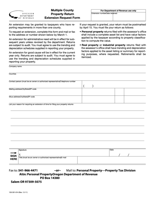 Fillable Form 150-301-014 - Multiple County Property Return Extension Request Form Printable pdf