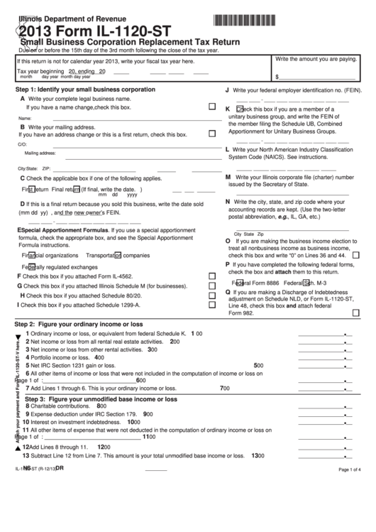 Fillable Form Il-1120-St - Small Business Corporation Replacement Tax Return - 2013 Printable pdf