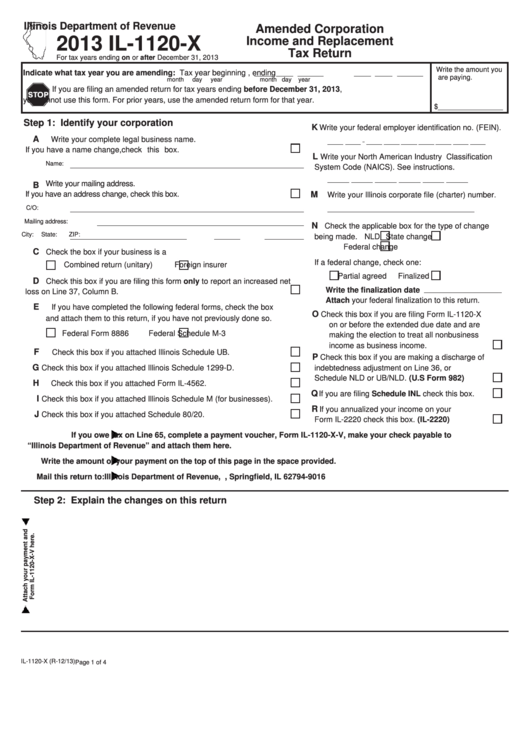 Fillable Form Il-1120-X - Amended Corporation Income And Replacement Tax Return - 2013 Printable pdf