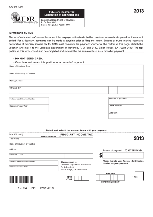 Fillable Form R-541es - Fiduciary Income Tax Declaration Of Estimated Tax - 2013 Printable pdf