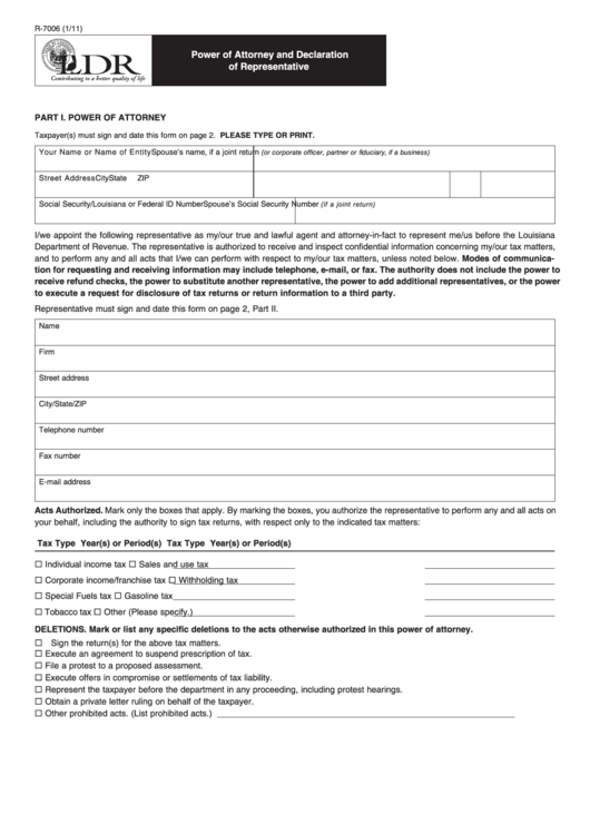 Fillable Form R-7006 - Power Of Attorney And Declaration Of Representative Printable pdf