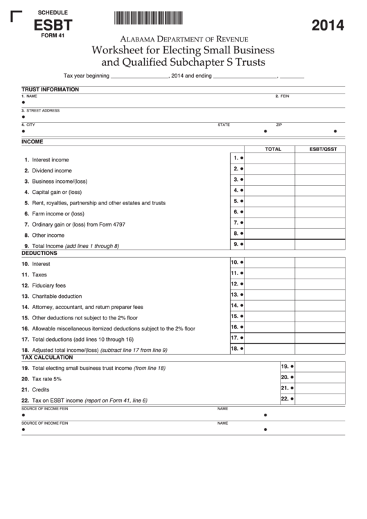 Fillable Schedule Esbt (Form 41) - Alabama Worksheet For Electing Small Business And Qualified Subchapter S Trusts - 2014 Printable pdf