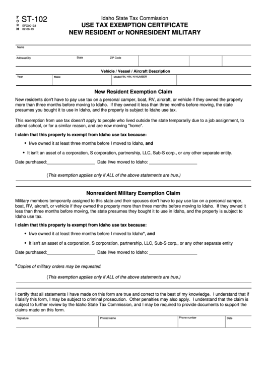 Fillable Form St-102 - Use Tax Exemption Certificate New Resident Or Nonresident Military Printable pdf