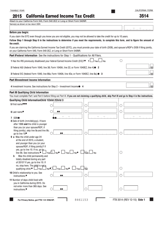 Form 3514 - California Earned Income Tax Credit - 2015 Printable pdf