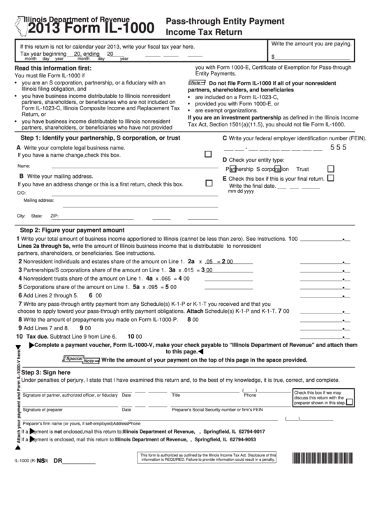 Fillable Form Il-1000 - Pass-Through Entity Payment Income Tax Return - 2013 Printable pdf