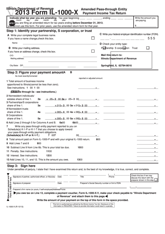 Fillable Form Il-1000-X - Amended Pass-Through Entity Payment Income Tax Return - 2013 Printable pdf