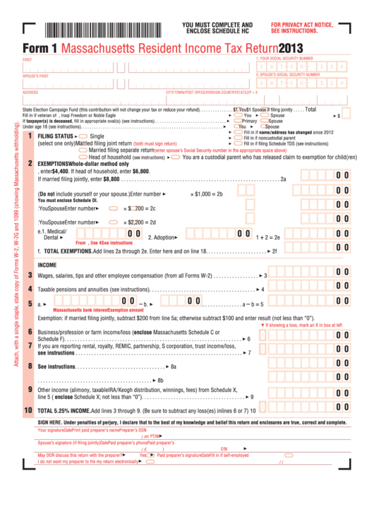 Fillable Form 1 - Massachusetts Resident Income Tax Return - 2013 Printable pdf