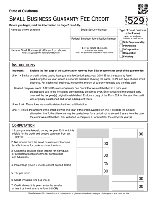 Fillable Form 529 - Oklahoma Small Business Guaranty Fee Credit - 2014 Printable pdf