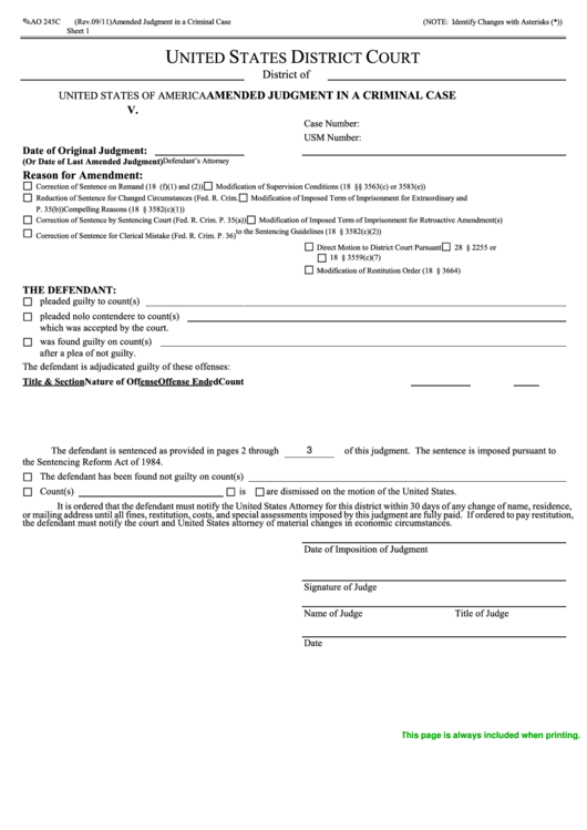 Fillable Form Ao 245c - Amended Judgment In A Criminal Case - United States District Court Printable pdf