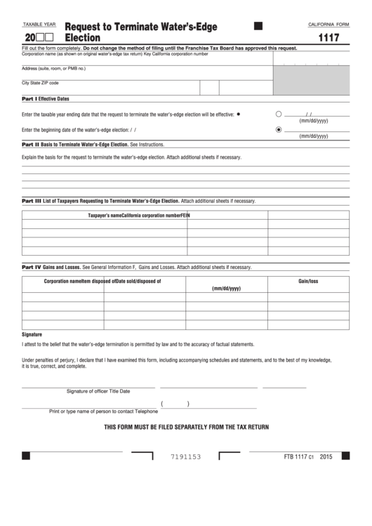 Fillable Form 1117 - California Request To Terminate Water