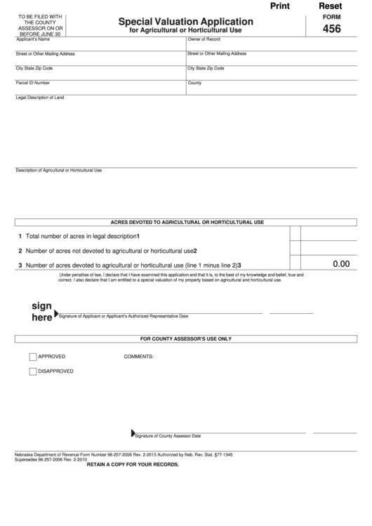 Fillable Form 456 - Special Valuation Application For Agricultural Or Horticultural Use Printable pdf