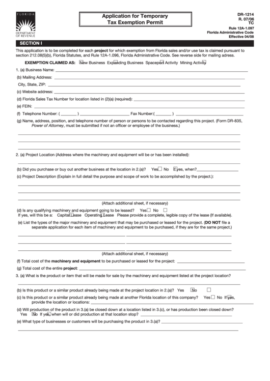 Form Dr-1214 - Application For Temporary Tax Exemption Permit Printable pdf