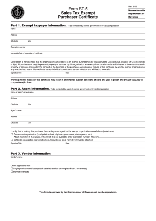 Fillable Form St-5 - Sales Tax Exempt Purchaser Certificate Printable pdf