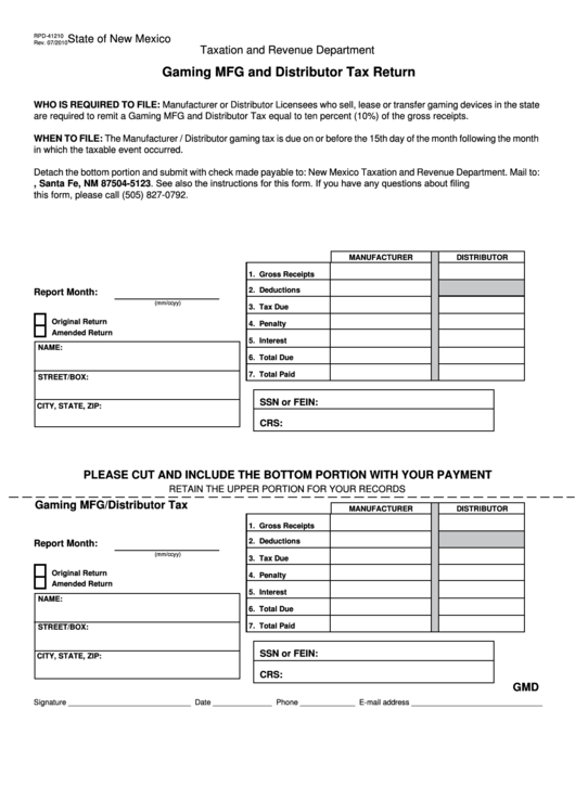 Fillable Form Rpd-41210 - Gaming Mfg And Distributor Tax Return Printable pdf