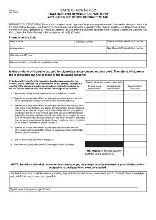 Fillable Form Rpd-41211 - Application For Refund Of Cigarette Tax Printable pdf