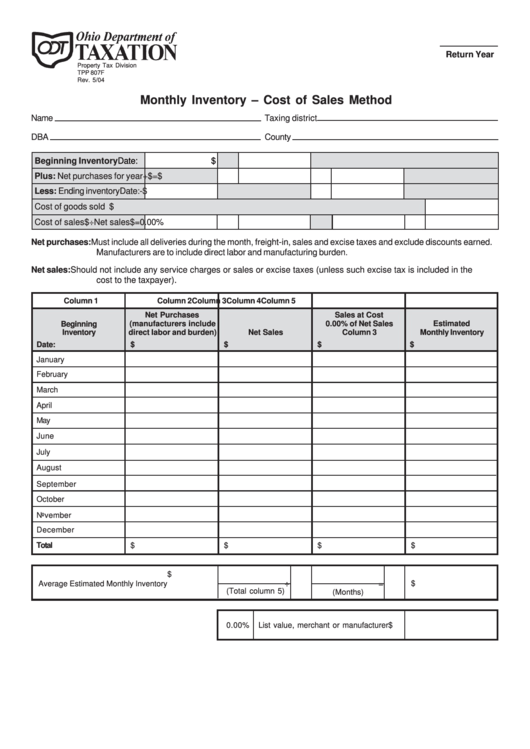 Fillable Form Tpp 807f - Monthly Inventory - Cost Of Sales Method Printable pdf