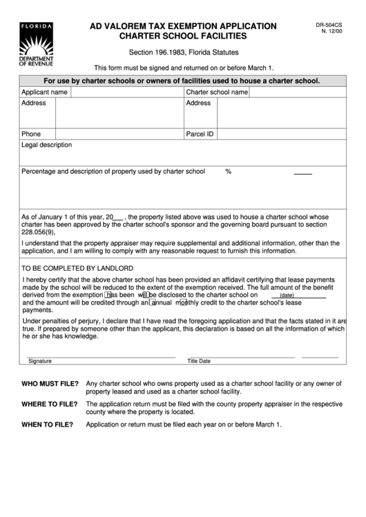 Fillable Form Dr-504cs - Ad Valorem Tax Exemption Application Charter School Facilities Printable pdf