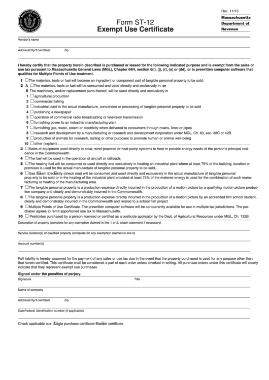 Form St-12 - Exempt Use Certificate Printable pdf