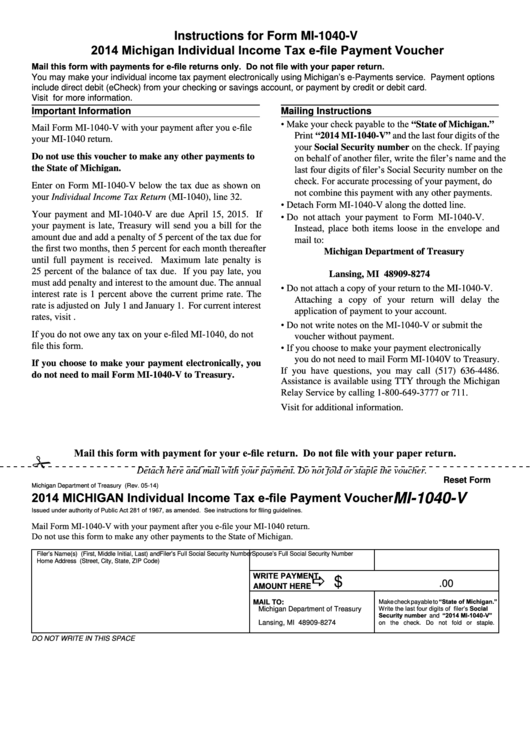 Fillable Form Mi-1040-V - Individual Income Tax E-File Payment Voucher - 2014 Printable pdf