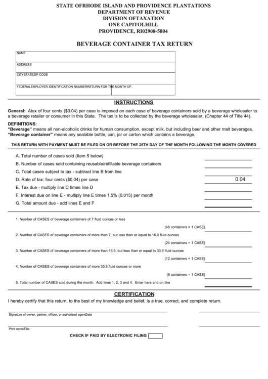 Form Bct-1 - Beverage Container Tax Return Printable pdf