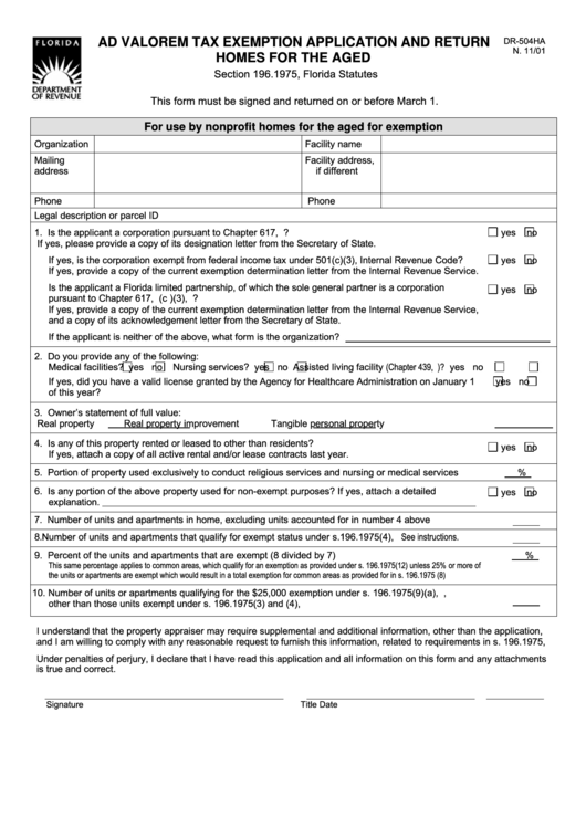 Form Dr-504ha - Ad Valorem Tax Exemption Application And Return Homes For The Aged Printable pdf