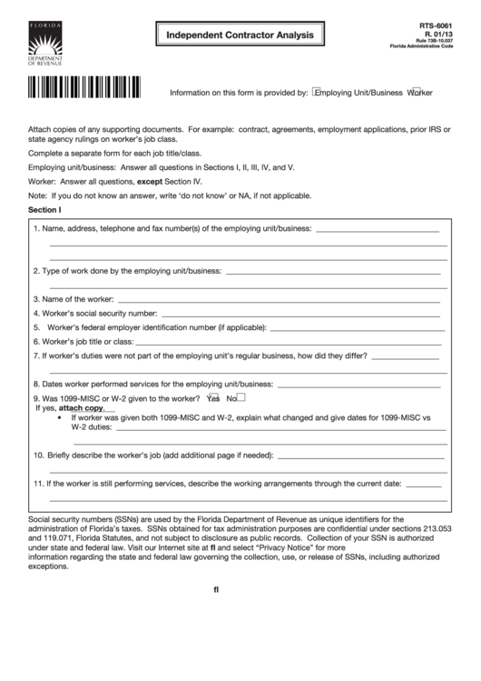 Form Rts-6061 - Independent Contractor Analysis Printable pdf