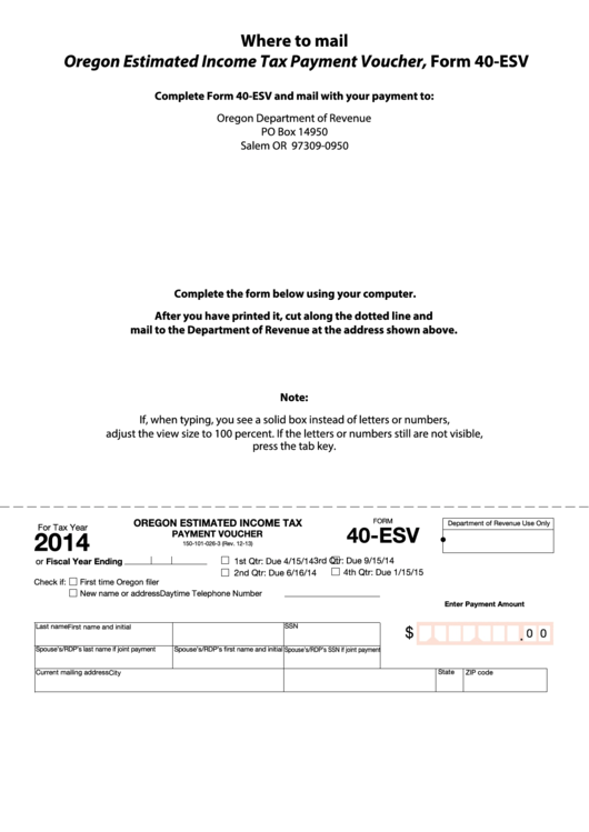 Fillable Form 40-Esv - Oregon Estimated Income Tax Payment Voucher - 2014 Printable pdf