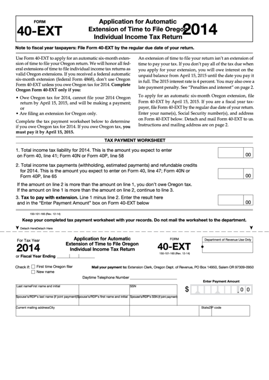 Fillable Form 40-Ext - Application For Automatic Extension Of Time To File Oregon Individual Income Tax Return - 2014 Printable pdf