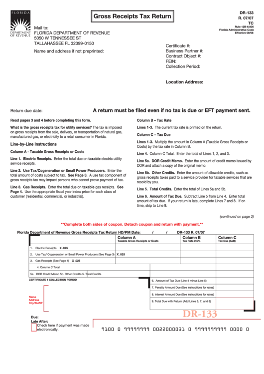 Fillable Form Dr-133 - Gross Receipts Tax Return Printable pdf