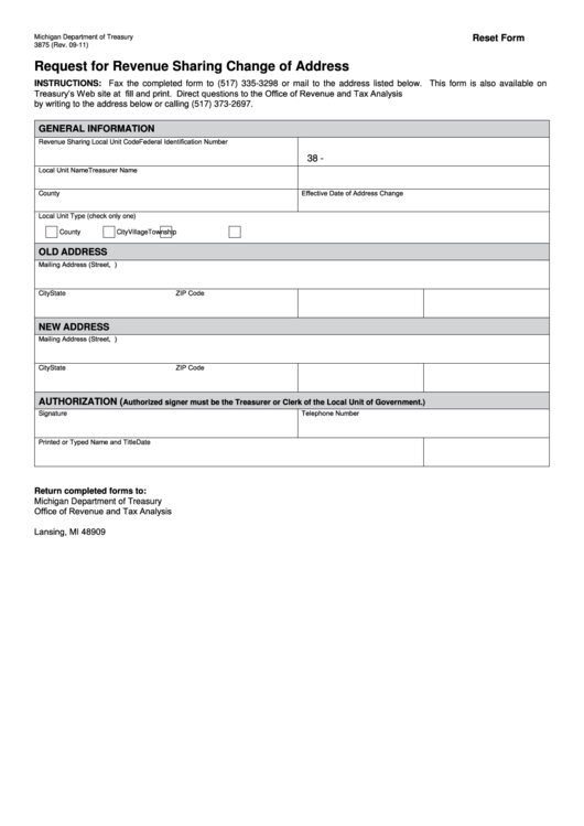 Fillable Form 3875 - Request For Revenue Sharing Change Of Address Printable pdf