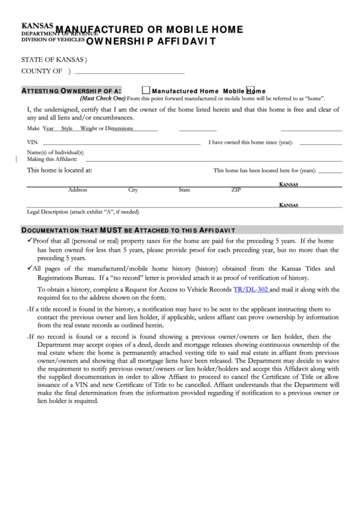 Fillable Form Tr-64 - Manufactured Or Mobile Home Ownership Affidavit Printable pdf