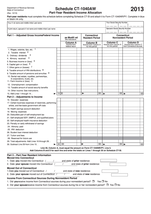 Fillable Schedule Ct-1040aw - Part-Year Resident Income Allocation - 2013 Printable pdf