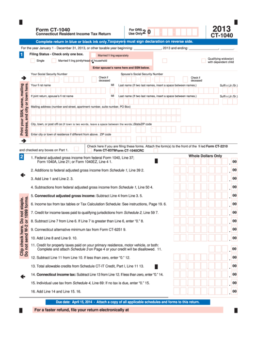 Fillable Form Ct-1040 - Connecticut Resident Income Tax Return - 2013 Printable pdf