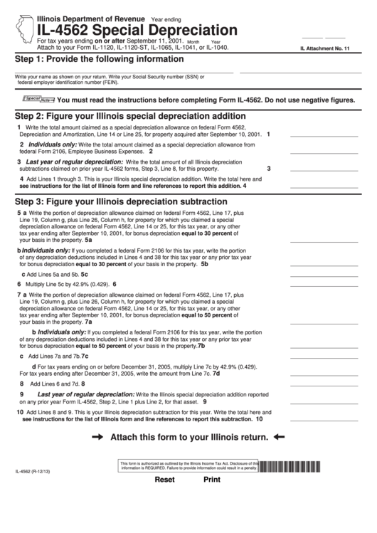 Fillable Form Il-4562 - Special Depreciation Printable pdf